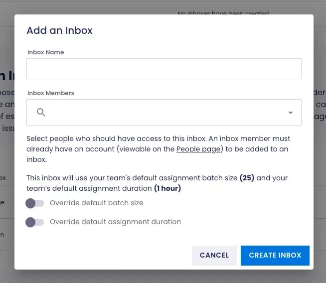 Click CREATE INBOX screenshot