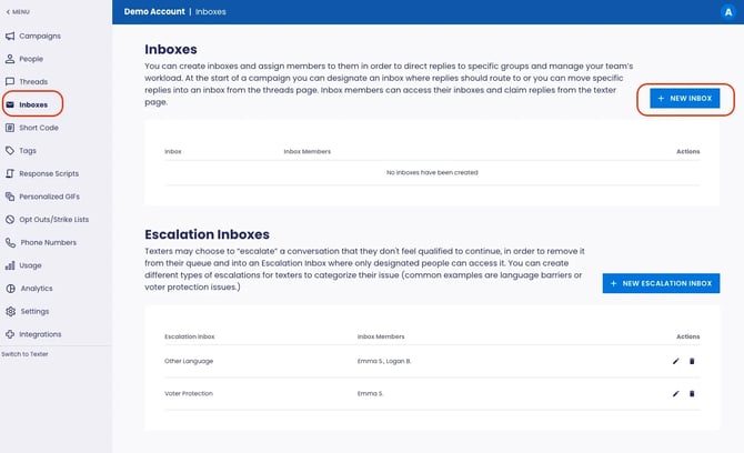 Creating a new inbox screenshot
